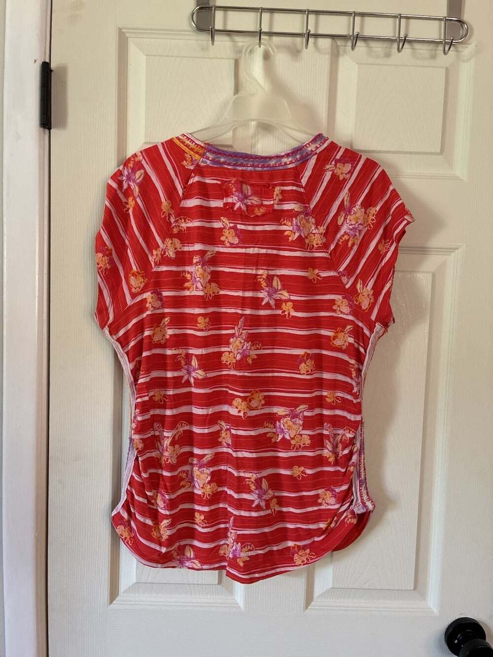 We The Free Red Striped Floral Embroidered Cap Sleeve Tee - Picture 5 of 6